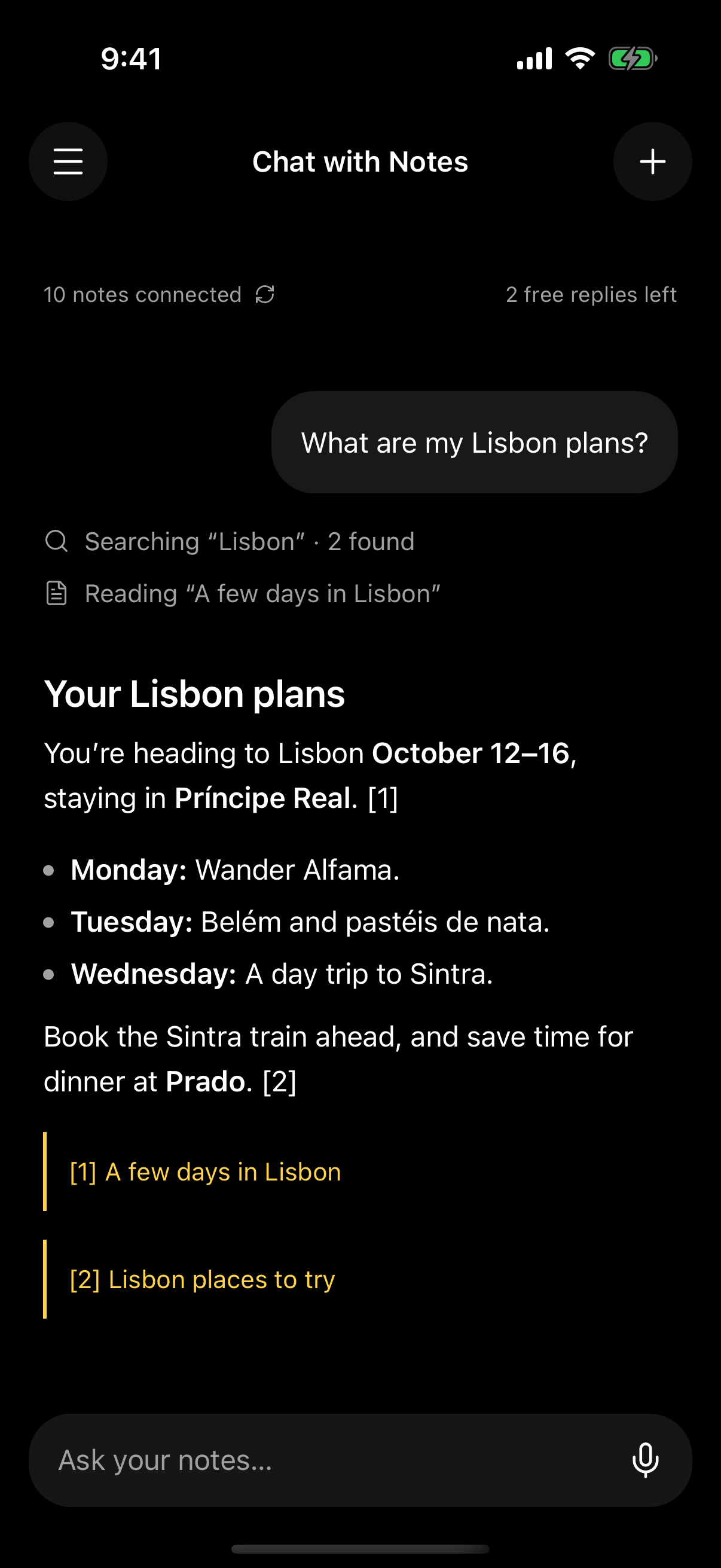Chat with Notes answering a question about Lisbon plans, with links to the notes used as sources